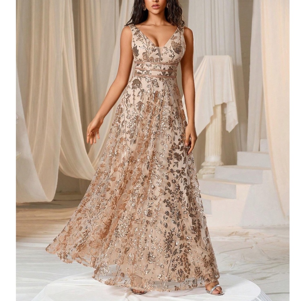 Luxe Champagne Floral Sequin Mesh Formal Black Tie Wedding Dress